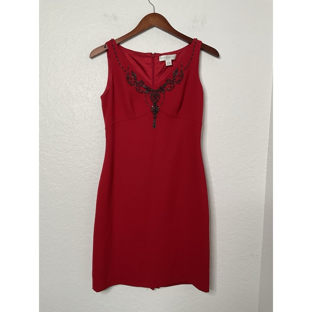 Petite Sophisticate Red / Black Beaded V Neck Empire Sheath Dress Formal
